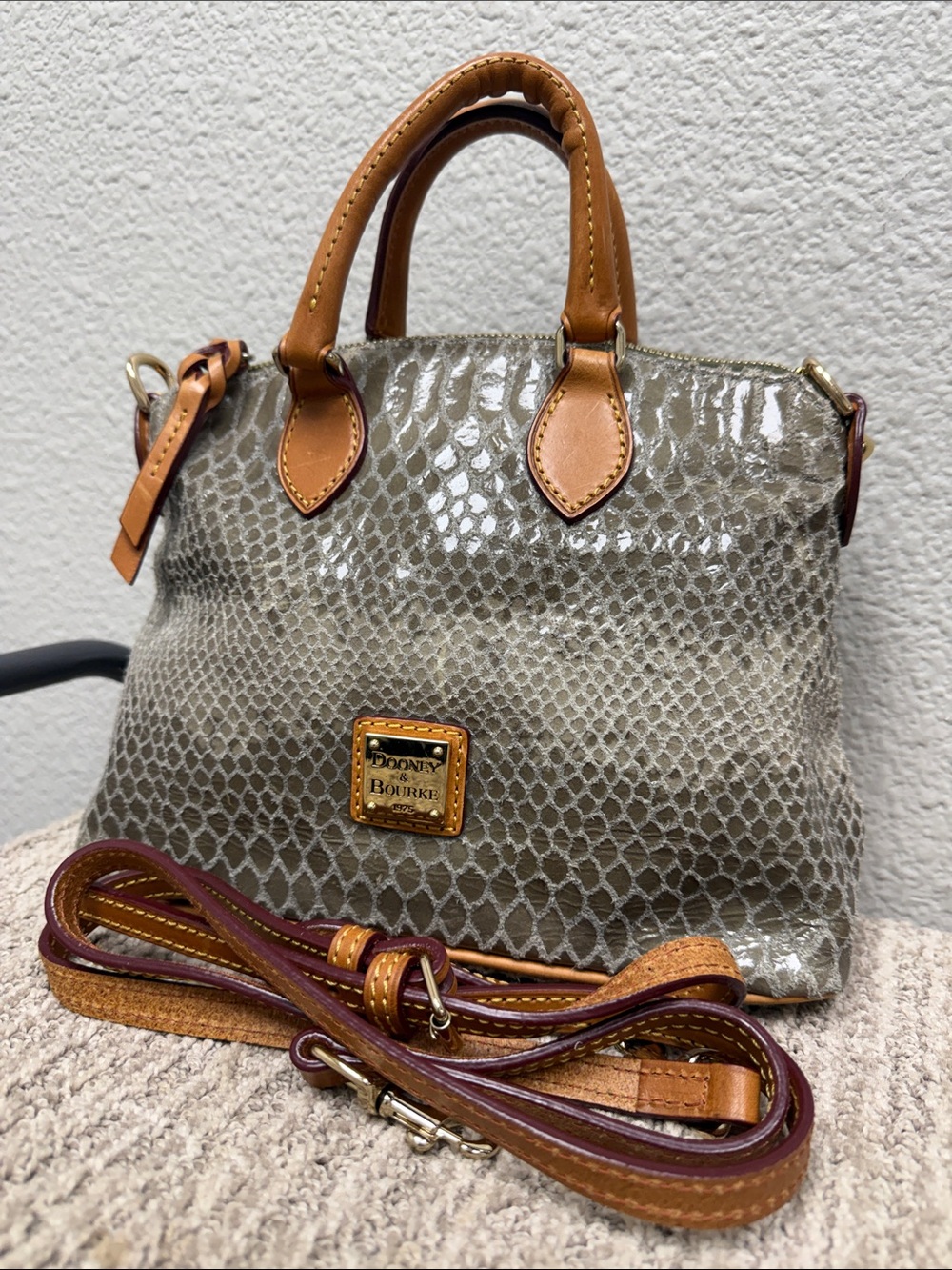 Dooney & Bourke Sage Gray Snake-Embossed Small Crossbody Satchel with Tan Trim